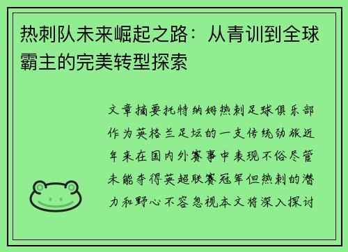 热刺队未来崛起之路：从青训到全球霸主的完美转型探索