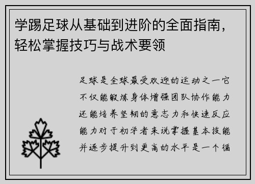 学踢足球从基础到进阶的全面指南，轻松掌握技巧与战术要领